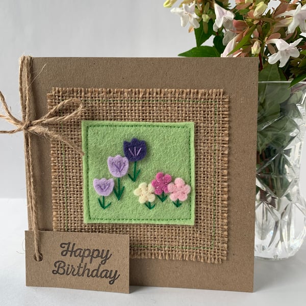 Handmade Birthday card with flowers on mint green background. Keepsake card.