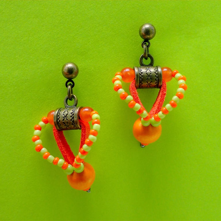 Bright Orange and Green Beaded Dangle Earrings