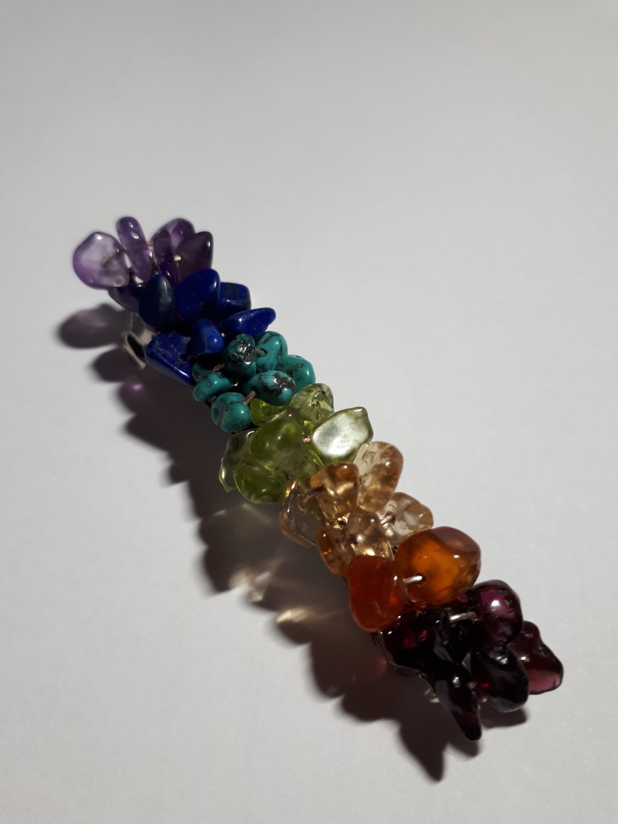 Crystal Gemstone Rainbow Chakra hairclip silver metal curved French Barrette