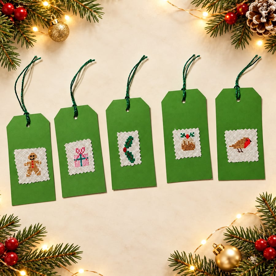 Five Large Cross-Stitch Christmas Gift Tags – Gingerbread, Robin and Pudding