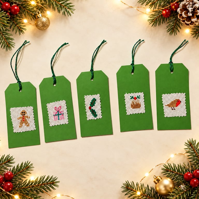 Five Large Cross-Stitch Christmas Gift Tags – Gingerbread, Robin and Pudding