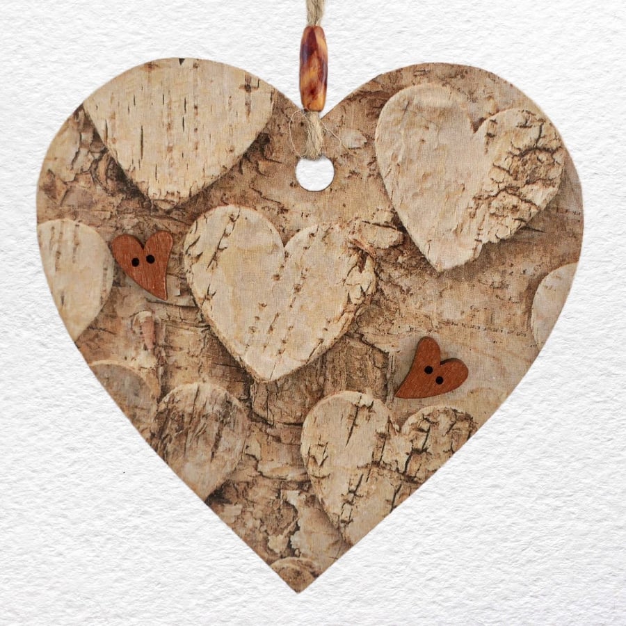 Decoupaged Wooden Hanging Heart 15cm (6"): Cork Hearts design
