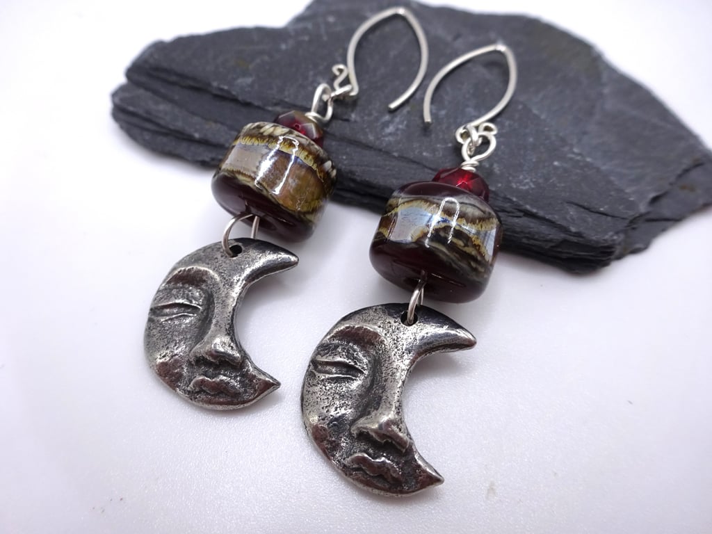 lampwork glass red and silver earrings, pewter man in the moon