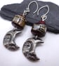 lampwork glass red and silver earrings, pewter man in the moon - Image 1