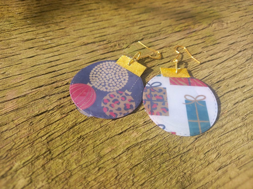 Reversable Christmas Presents and Baubles Dangle Earrings