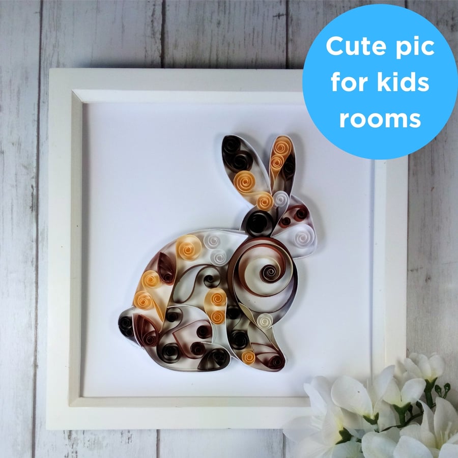 Bunny Rabbit Framed Quilled Artwork Childs Bedroom Nursery Playroom Gift Idea