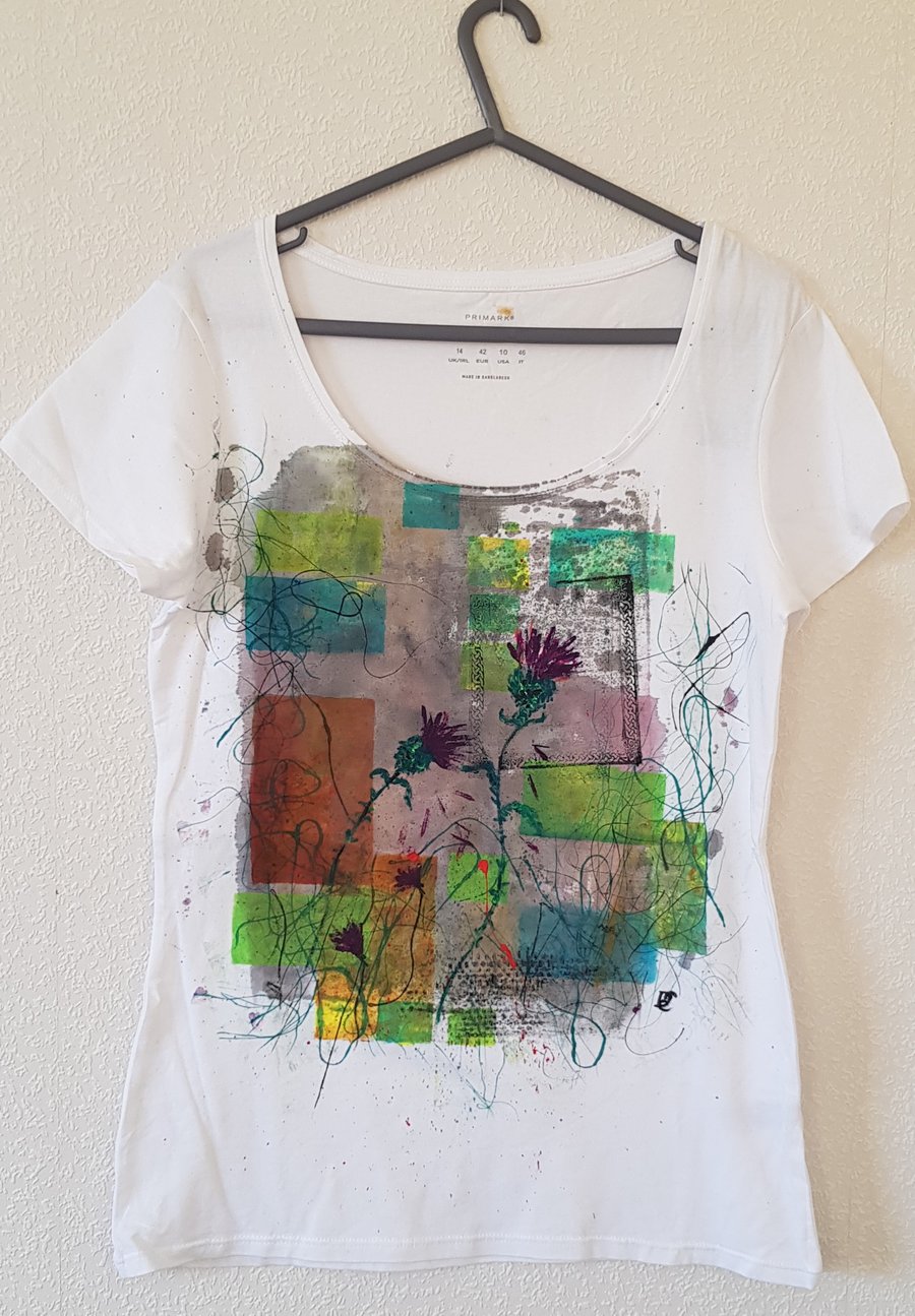 Individually designed Hand painted T-shirt casual Unique gift . White size 14