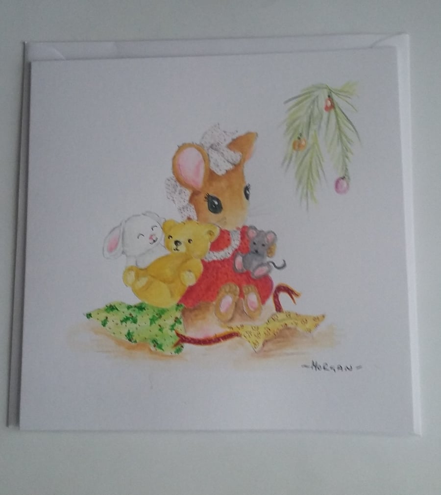 HAND PAINTED WATER COLOUR CARD  OF  MICE at Christmas