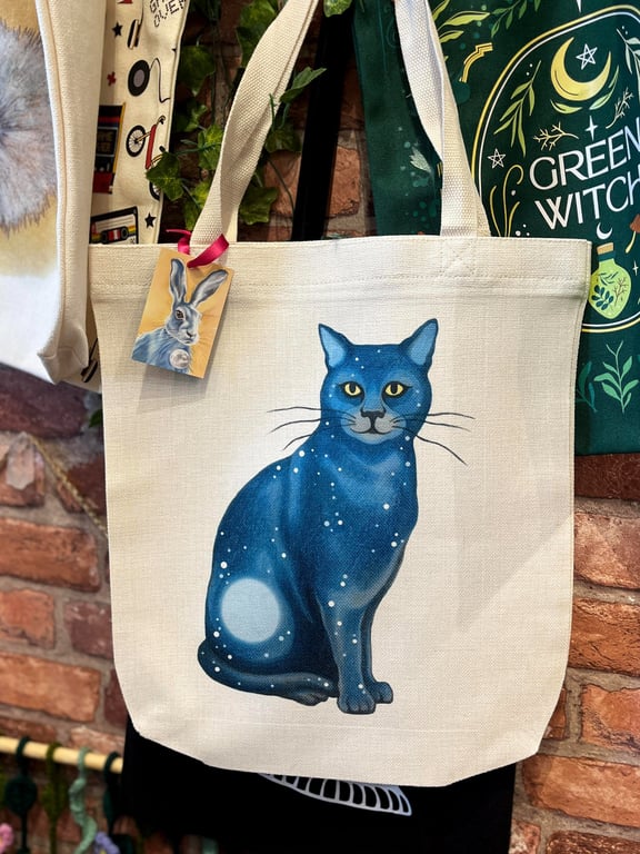 Cosmic cat Tote Bag. Heavyweight, recycled shopping bag. Lunar Cat sitting.