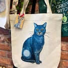 Cosmic cat Tote Bag. Heavyweight, recycled shopping bag. Lunar Cat sitting.