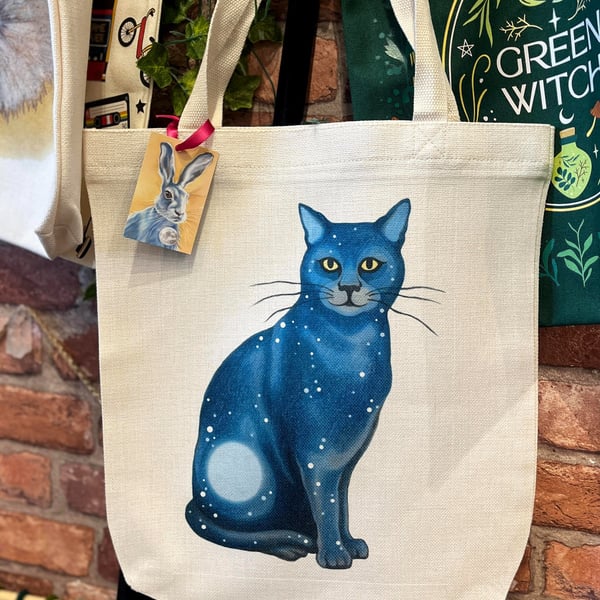 Cosmic cat Tote Bag. Heavyweight, recycled shopping bag. Lunar Cat sitting.