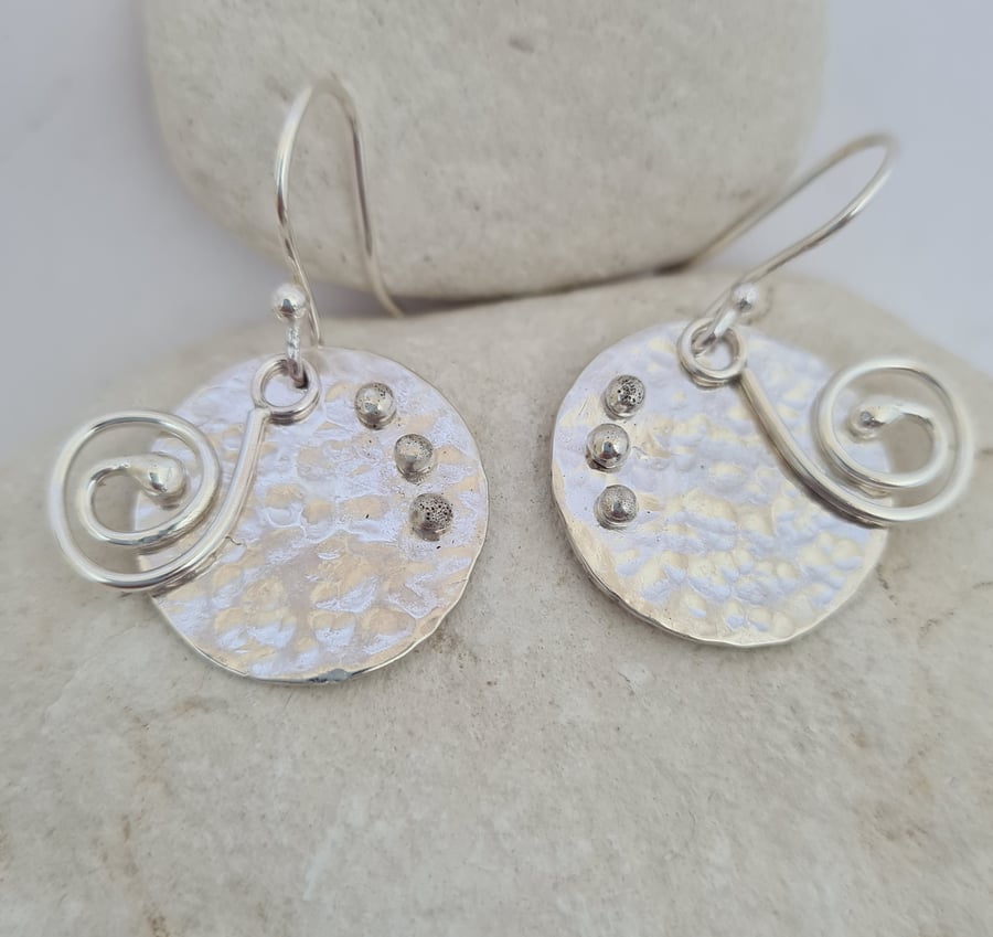 Handmade Hammered Silver Disc Earrings with moving Swirls