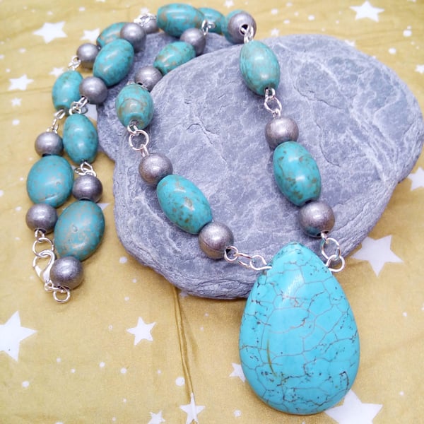 Turquoise and Metal Spacer Beaded Rosary Style Necklace, Gift for Her