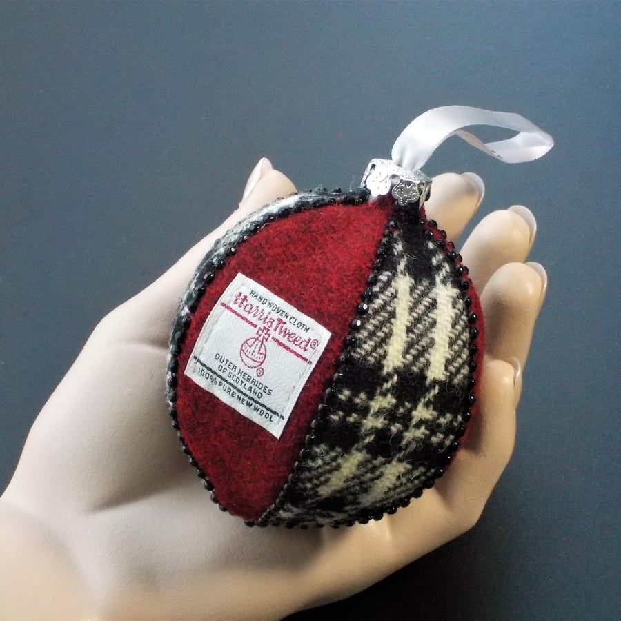 Harris tweed bauble Christmas tree decoration red and black handmade ornament