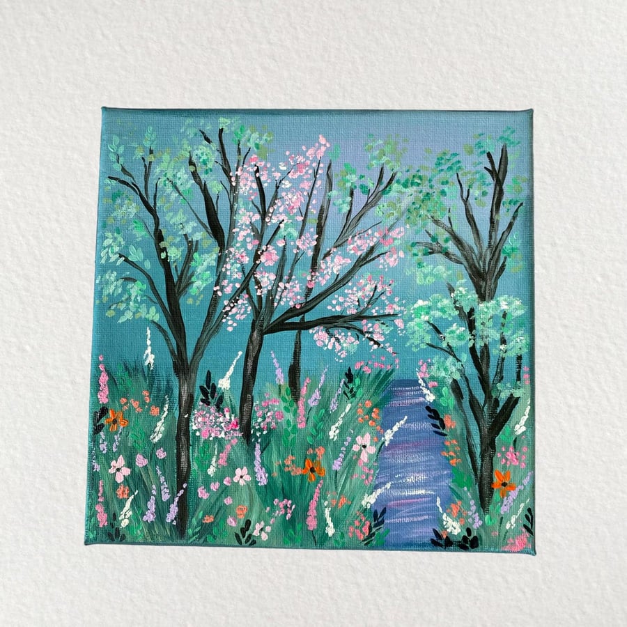 Original Floral Forest Landscape Painting, Home Decor Painting approx 20cm