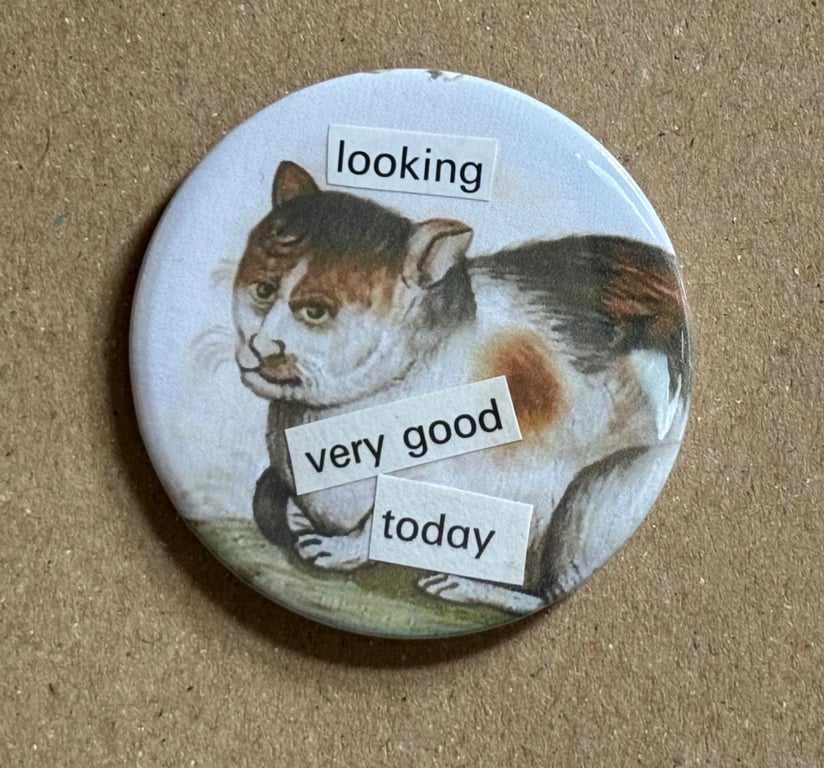 Collage pin badge - medieval cat meme - looking very good today