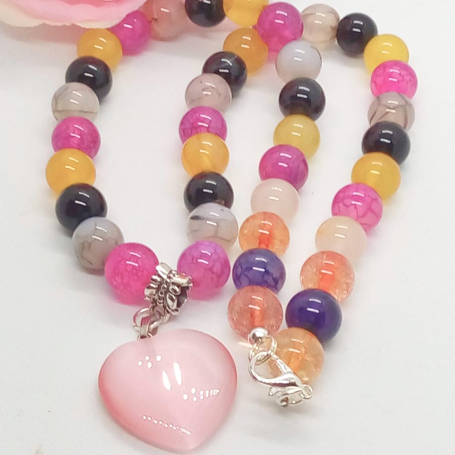Pink Glass Heart Pendant on a Multi Coloured Glass Bead Necklace, Gift for Her