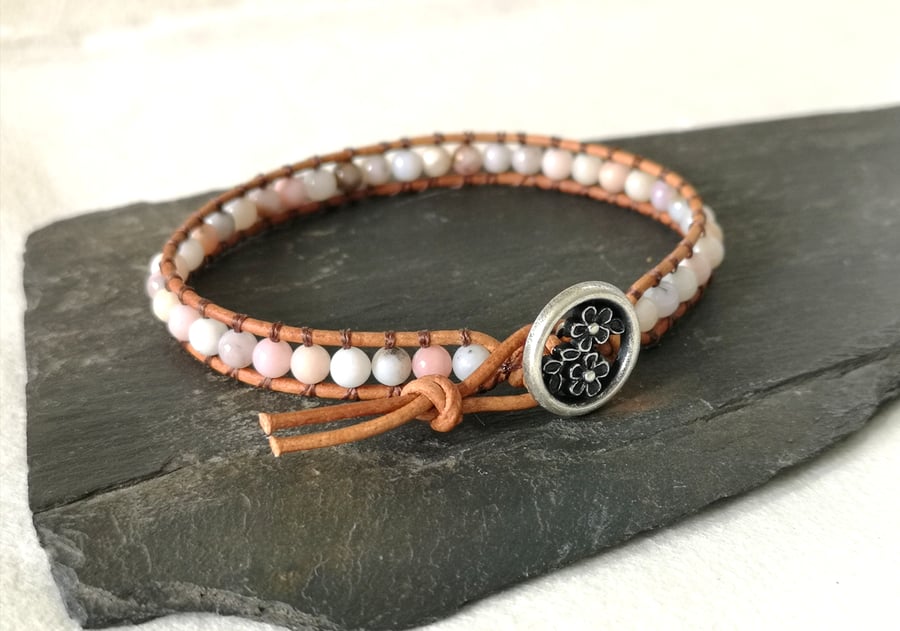 Peruvian pink opal semi precious bead and leather bracelet, October birthstone 