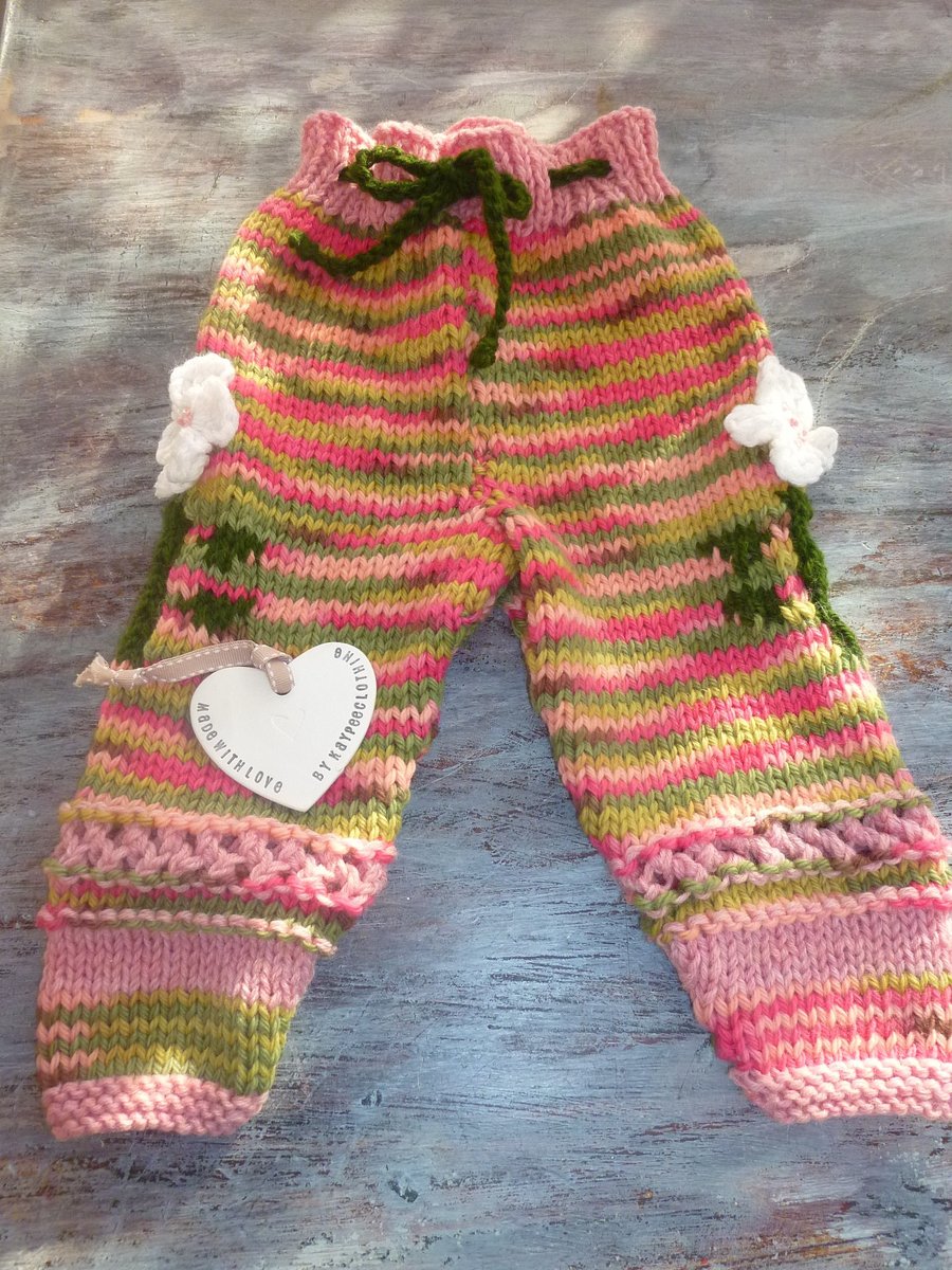 Pure wool hand knitted longies , toddler baby girls ,flower,springtime, Easter ,