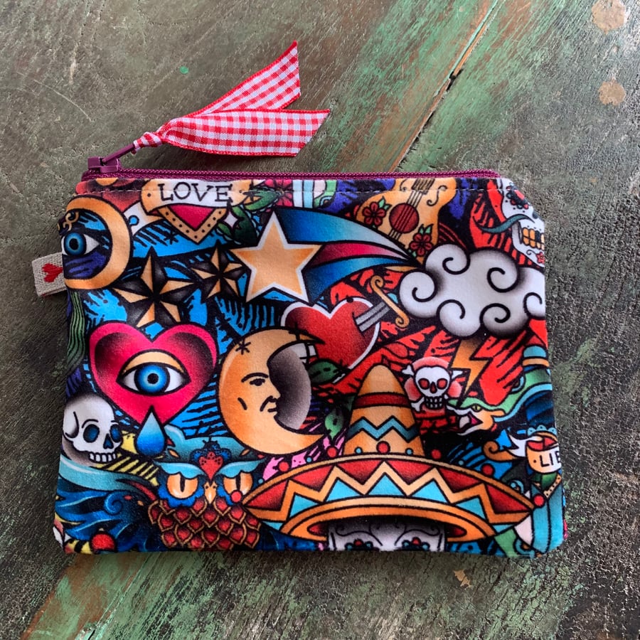 Tattoo velvet and denim coin purse
