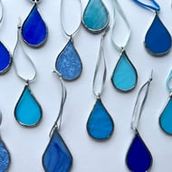 Stained glass raindrop set of 3 in blue vintage glass 