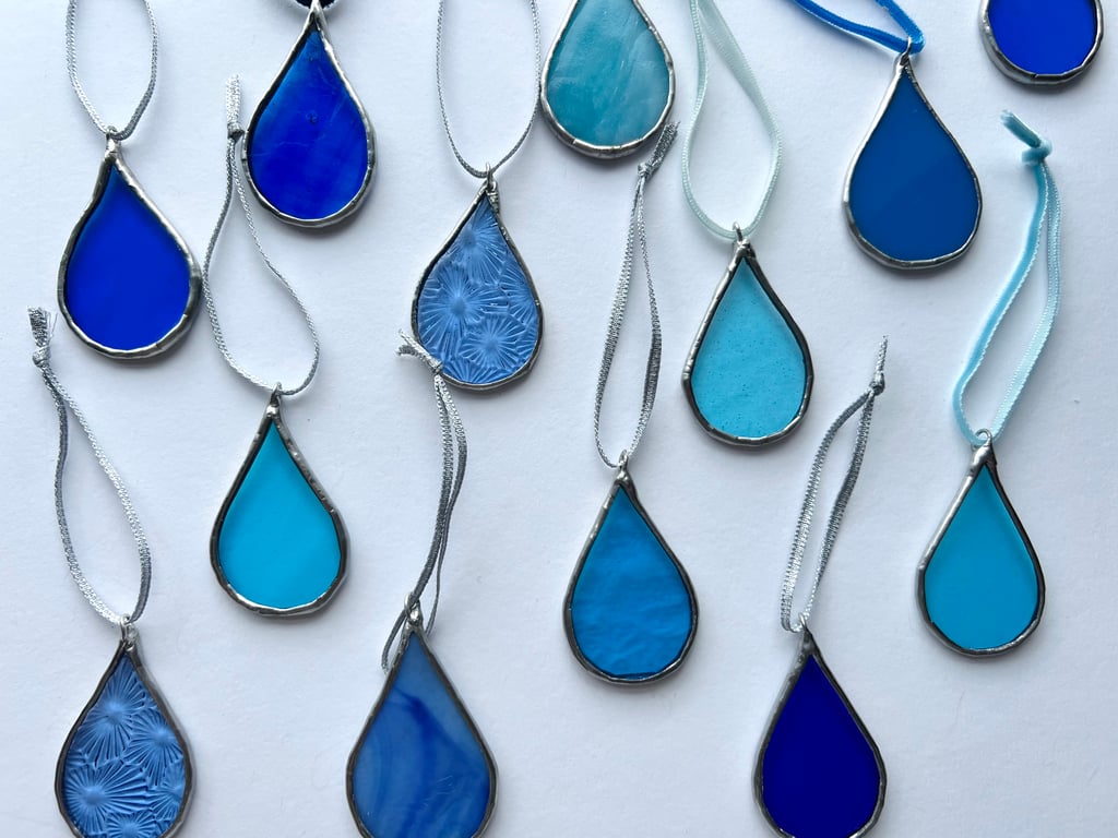 Stained glass raindrop set of 3 in blue vintage glass 