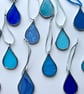 Stained glass raindrop set of 3 in blue vintage glass 