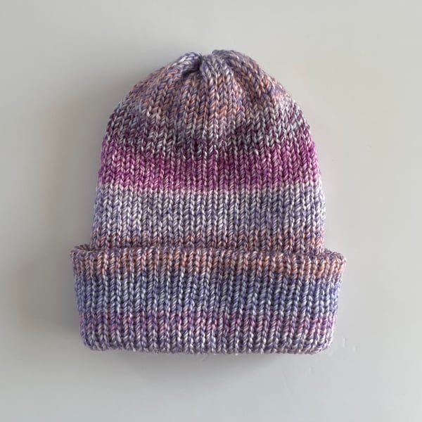 Pink and Lilac Winter Hat, Handmade Double Layered Reversible Beanie