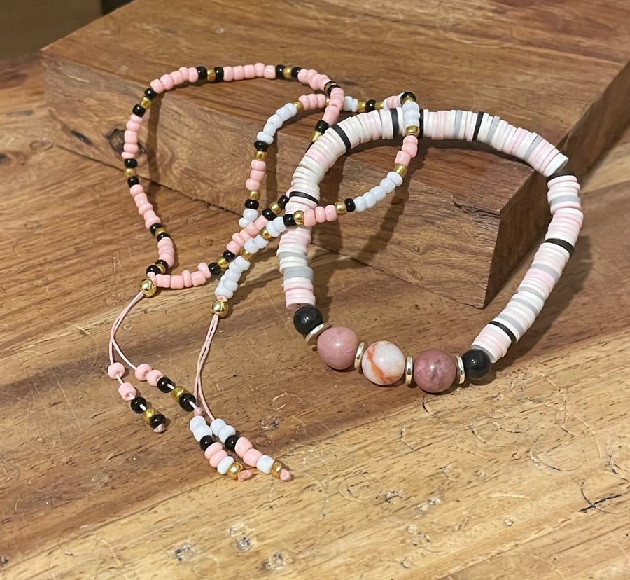 Set of 3 Stacking Pink Bracelets (Rhodochrosite, Heishi) Boho surfer