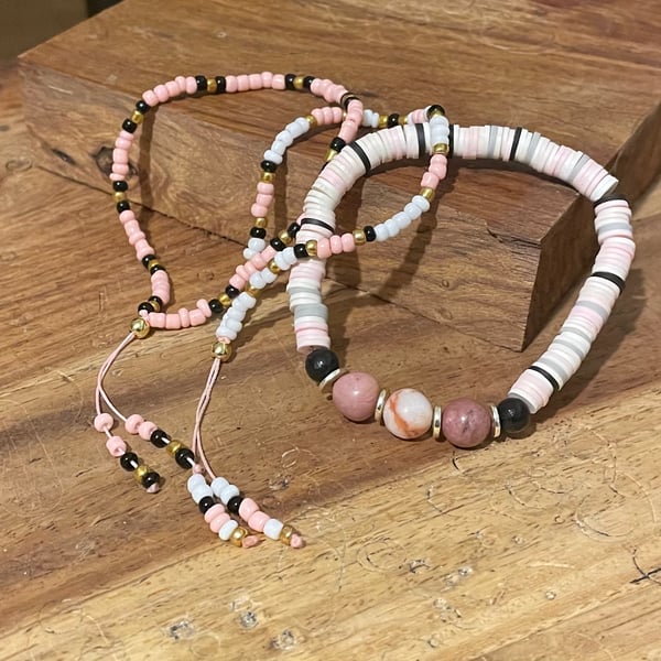 Stacking Pink Bracelets Set  (Rhodochrosite, Polymer Clay & Glass) Boho surfer