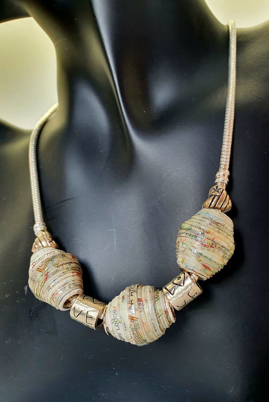Paper beaded necklace made from an old map of Oxford 