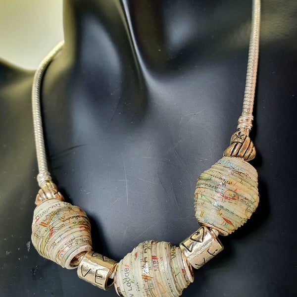 Paper beaded necklace made from an old map of Oxford 