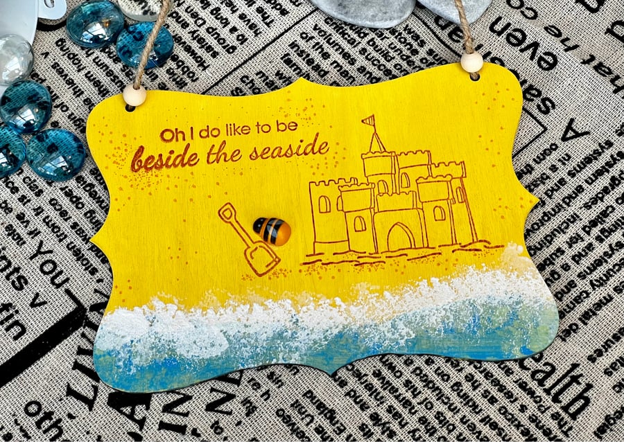 Wooden hanging decoration - seaside themed with sandcastle 