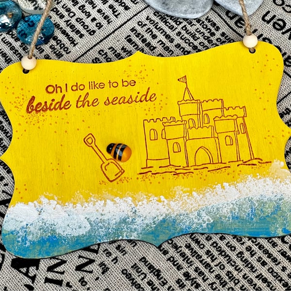 Wooden hanging decoration - seaside themed with sandcastle 