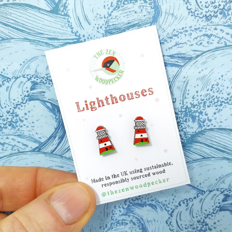 Lighthouse Stud Earrings, Silver Plated or Sterling Silver Backs