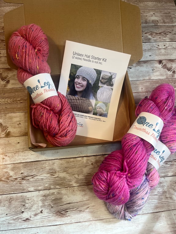 Hat knitting kit with one skein of hand dyed yarn