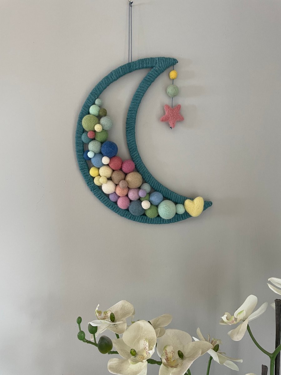 Beautiful half moon Marino wool wall hanging, new baby gift, nursery decor 