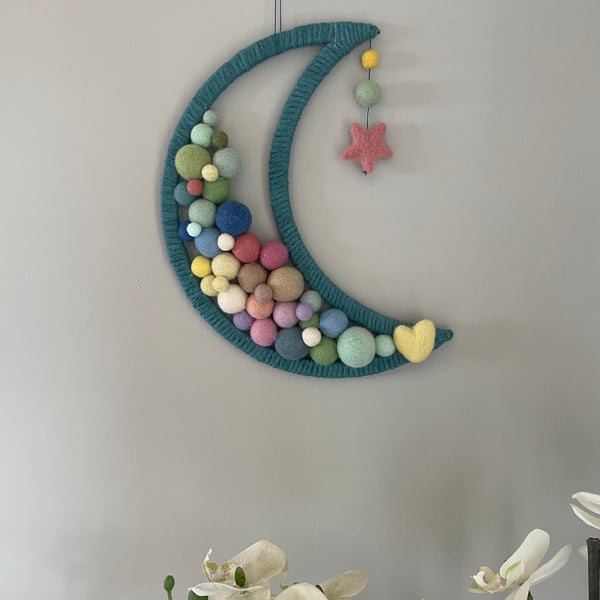 Beautiful half moon Marino wool wall hanging, new baby gift, nursery decor 