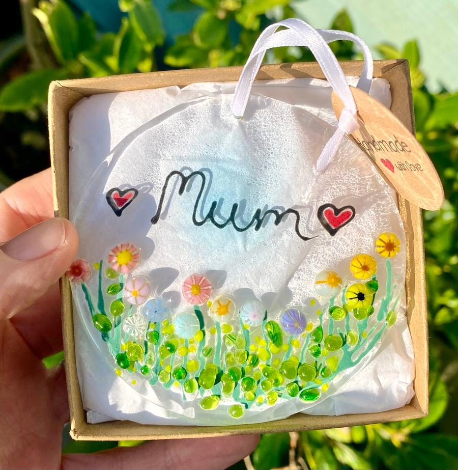 Fused glass unique mum floral sun catcher 