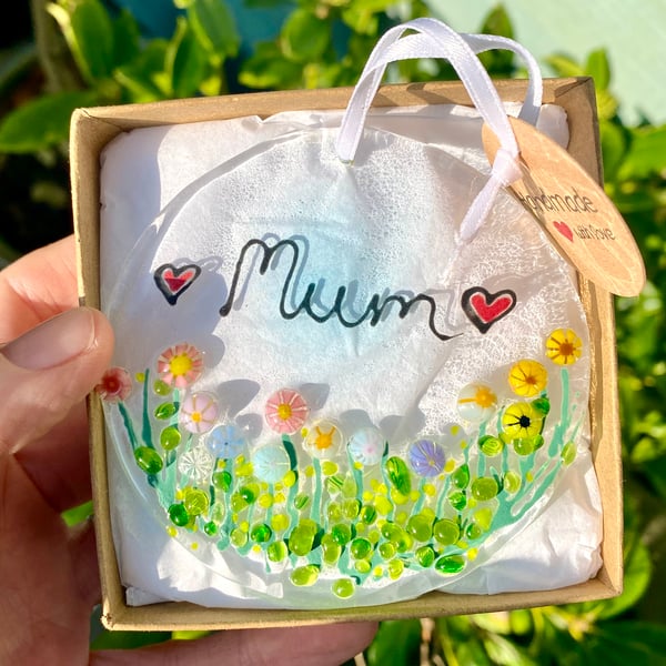 Fused glass unique mum floral sun catcher 