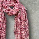 Chic Sketched Small Leaves Pink Scarf with Gold Flakes,Great Gifts for Women