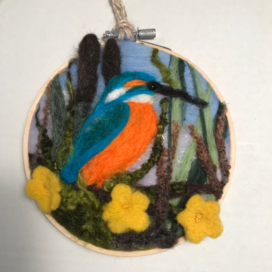 Kingfisher art needle felted hoop