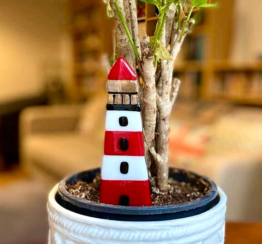 Fused glass lighthouse garden stake plant pot decoration 
