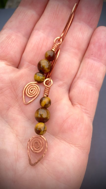 Tigers eye and copper earring featuring leaf style drop