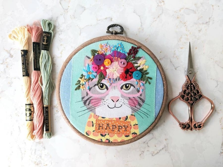Happy Cat Hand Embroidered Floral Hoop