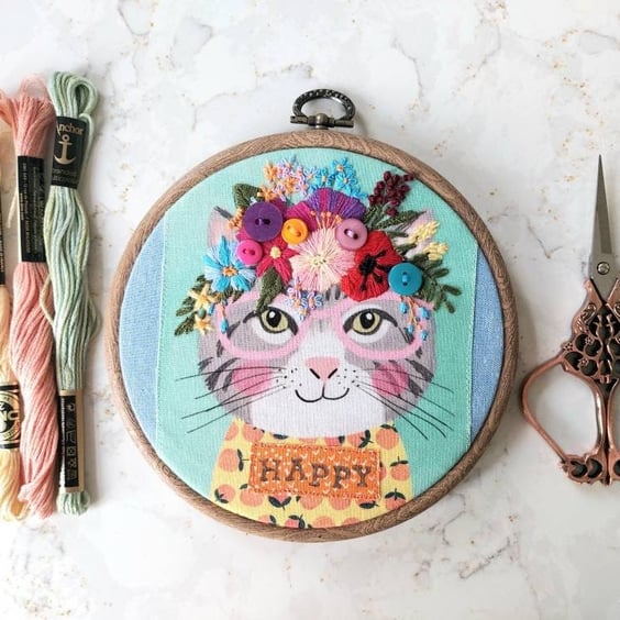 Happy Cat Hand Embroidered Floral Hoop