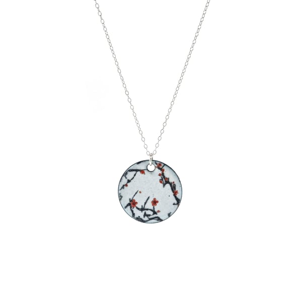 Grey enamel Cherry Blossom round pendant necklace