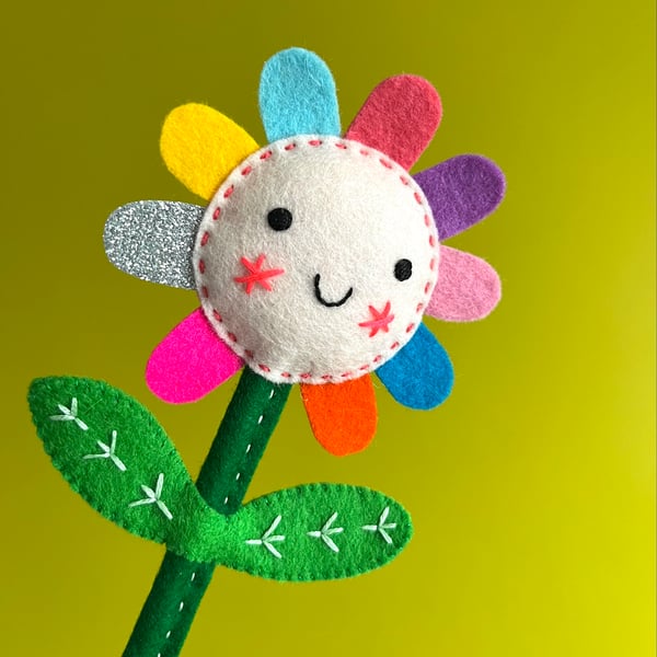 Happy Rainbow Felt Flower Hand Embroidered Decoration - Pink Face