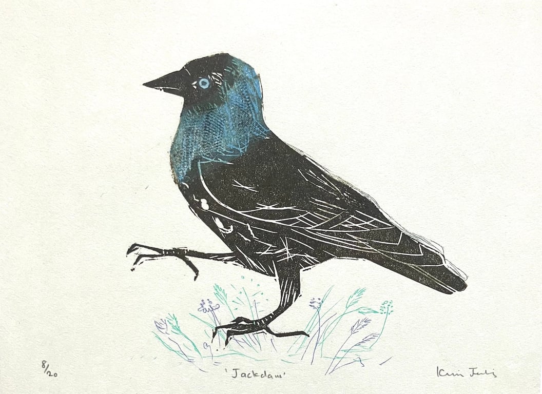 Jackdaw - mini lino cut 