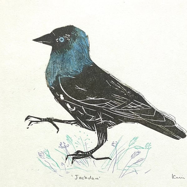 Jackdaw - mini lino cut 